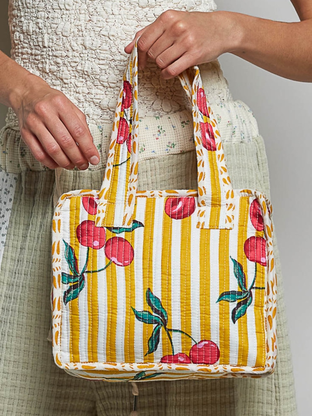 NEW POL Honey Mustard Cherry Print Quilted Mini Tote Bag